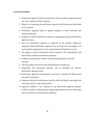 6.2 SUGGESTIONS


     1. Performance appraisal could be conducted by a person inside the organization and
        one who is familiar with the employees.
     2. Objective of conducting the performance appraisal could be discussed and doubts
        can be clarified.
     3. Performance appraisal could be updated regularly to match individual and
        organizational goals.
     4. Suggestion could be obtained from employees regarding framing the performance
        appraisal system.
     5. Since the performance appraisal is conducted by the outsider, employees'
        suggestion during performance appraisal may not reach the top managers. For
        such situations suggestion box can be implemented and frequently reviewed.
     6. The appraiser must be familiarized with the employee's job responsibilities and
        duties before conducting performance appraisal.
     7. Feedback on performance could be discussed through formal or informal
        meetings.
     8. This may enhance the involvement and performance of employees.
     9. Appropriate and experienced appraiser can be appointed for effective
        performance appraisal results.
     10. Performance appraisal can developed in such away to identify the hidden talent
        and skills of employees.
     11. Employees having low performance could be called individually, encouraged and
        monitored closely to make improvements.
     12. Appraisal feedback is very important in any performance appraisal program.
        Could be carefully communicated by making high performers increase their target
        and low performers to build up their confidence.




                                          46
 