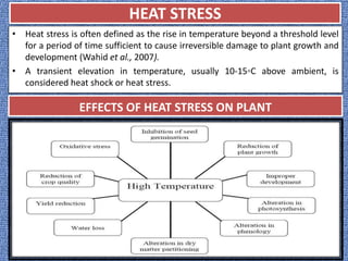HEAT STRESS
• Heat stress is often defined as the rise in temperature beyond a threshold level
for a period of time suffic...