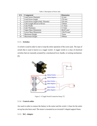 9
Table 2. Description of Screw Jack
S.N. Component Dimension
1. Lead Screw Diameter 14 mm
2. Lead Screw length 270 mm
3. Lead Screw length (Only Threads) 220 mm
4. Link Length (Rivet to Rivet) 120mm
5. Link Width 21.5mm
6. Link Thickness 3.5 mm
7. Upper Base Dimension 40x45 mm2
8. Lower Base Dimension 130x70 mm2
9. Minimum Height 75mm
10. Maximum Height 290mm
3.1.3. Switches
A switch is used in order to start or stop the entire operation of the screw jack. The type of
switch that is used is known as a toggle switch. A toggle switch is a class of electrical
switches that are manually actuated by a mechanical lever, handle, or rocking mechanism.
[8]
Figure 2. A Toggle Switch Connection Setup [9]
3.1.4. Control cables
Are used in order to connect the battery to the motor and the switch. A base for the entire
set-up has also been used. The motor is mounted on an inverted U shaped support frame.
3.1.5. D.C. Adapter
 