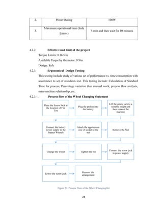28
2. Power Rating 100W
3.
Maximum operational time (Safe
Limits)
5 min and then wait for 10 minutes
4.2.2. Effective load limit of the project
Torque Limits: 8.16 Nm
Available Toque by the motor: 9 Nm
Design: Safe
4.2.3. Ergonomical Design Testing
This testing include study of various set of performance vs. time consumption with
accordance to set of standards test. This testing include: Calculation of Standard
Time for process, Percentage variation than manual work, process flow analysis,
man-machine relationship, etc.
4.2.3.1. Process flow of the Wheel Changing Statement
Figure 21. Process Flow of the Wheel Changing Kit
Place the Screw Jack at
the location of Flat
Tire
Plug the probes into
the battery
Lift the screw jack to a
suitable height and
then remove the
machine
Connect the battery
power supply to the
Impact Wrench
Attach the appropriate
size of socket to the
nut
Remove the Nut
Change the wheel Tighten the nut
Connect the screw jack
to power supply
Lower the screw jack
Remove the
arrangement
 