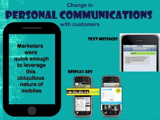 Text messages
Display ads
Change in
Personal communications
with customers
Marketers
were
quick enough
to leverage
this
ubiquitous
nature of
mobiles
 