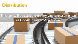 Distribution
This app will be available on any web browser as well
as Google play and Apple store.
 