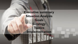 Executive summary
Situation Analysis
Goals
Strategy
Tactics
Implementation
 