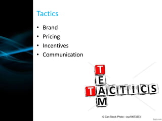 • Brand
• Pricing
• Incentives
• Communication
Tactics
 