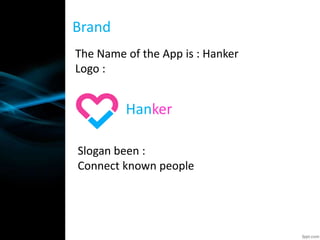The Name of the App is : Hanker
Logo :
Brand
Hanker
Slogan been :
Connect known people
 