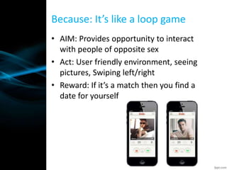 • AIM: Provides opportunity to interact
with people of opposite sex
• Act: User friendly environment, seeing
pictures, Swiping left/right
• Reward: If it’s a match then you find a
date for yourself
Because: It’s like a loop game
 