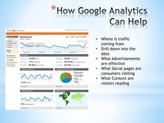 *

    • Where is traffic
      coming from
    • Drill down into the
      data
    • What Advertisements
      are effective
    • What Social pages are
      consumers visiting
    • What Content are
      visitors reading
 