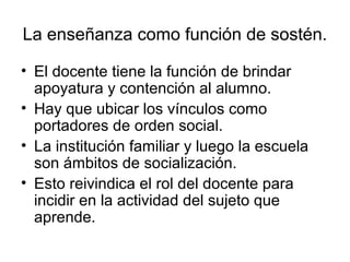La enseñanza como función de sostén.

• El docente tiene la función de brindar
  apoyatura y contención al alumno.
• Hay que ubicar los vínculos como
  portadores de orden social.
• La institución familiar y luego la escuela
  son ámbitos de socialización.
• Esto reivindica el rol del docente para
  incidir en la actividad del sujeto que
  aprende.
 