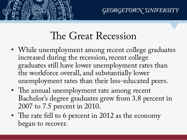 The Great Recession
•  While unemployment among recent college graduates
increased during the recession, recent college
gr...