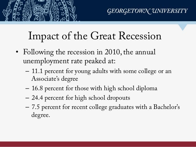 Impact of the Great Recession
•  Following the recession in 2010, the annual
unemployment rate peaked at:
–  11.1 percent ...