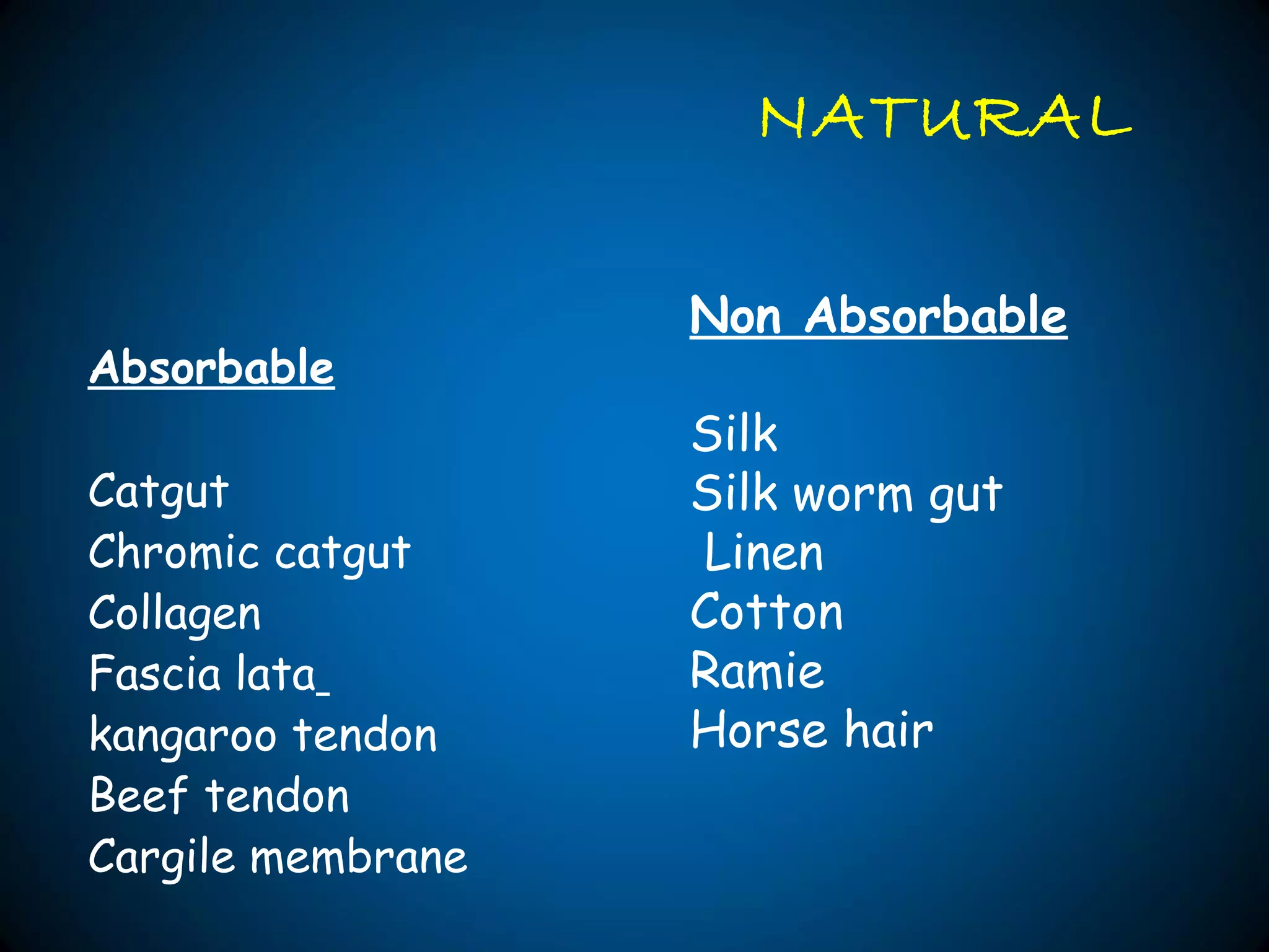 Absorbable
Catgut
Chromic catgut
Collagen
Fascia lata
kangaroo tendon
Beef tendon
Cargile membrane
NATURAL
Non Absorbable
Silk
Silk worm gut
Linen
Cotton
Ramie
Horse hair
 