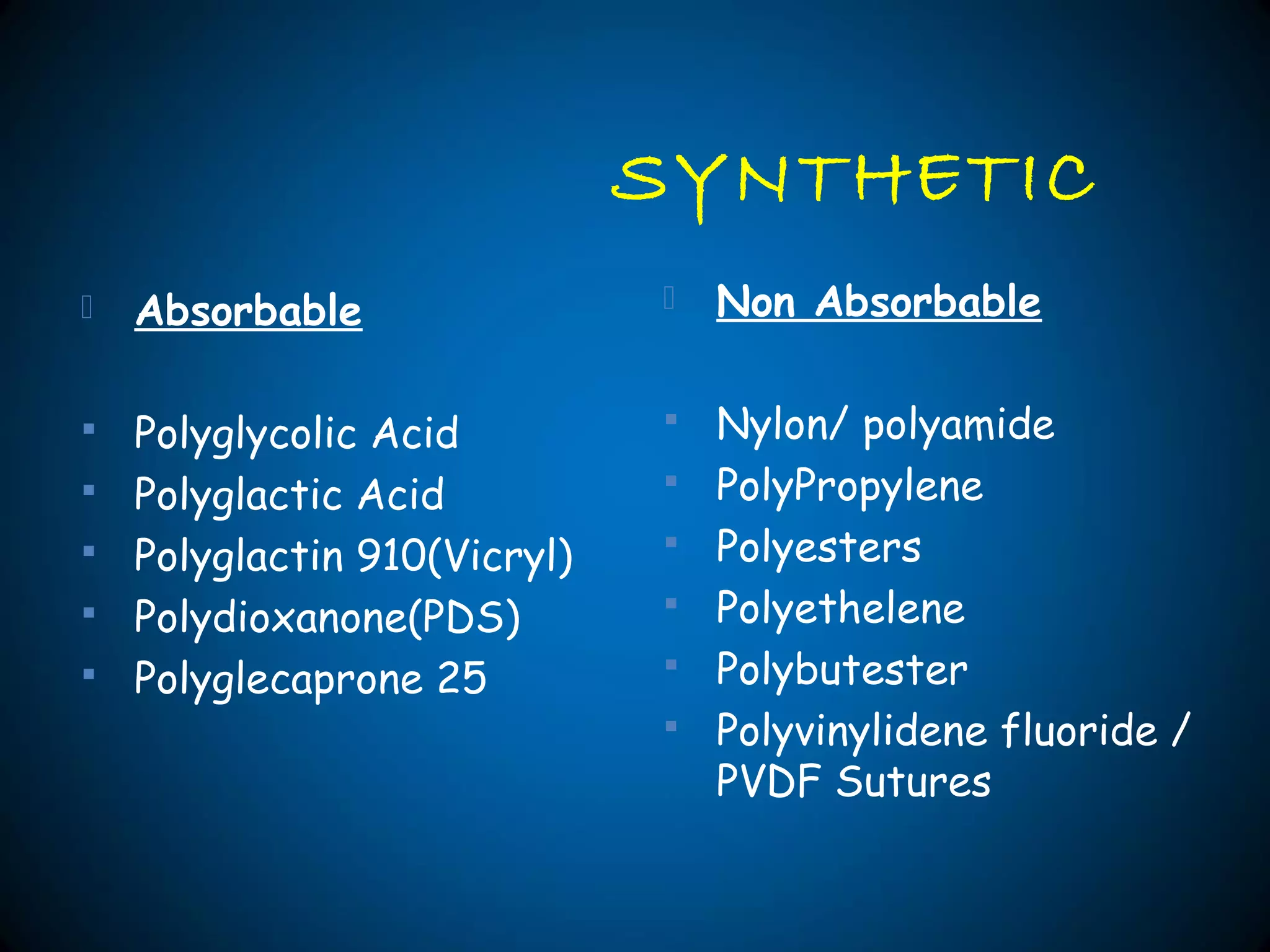 SYNTHETIC
 Absorbable
 Polyglycolic Acid
 Polyglactic Acid
 Polyglactin 910(Vicryl)
 Polydioxanone(PDS)
 Polyglecaprone 25
 Non Absorbable
 Nylon/ polyamide
 PolyPropylene
 Polyesters
 Polyethelene
 Polybutester
 Polyvinylidene fluoride /
PVDF Sutures
 