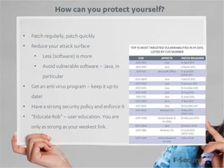 How can you protect yourself?
•

Patch regularly, patch quickly

•

Reduce your attack surface
•

Less (software) is more

•

Avoid vulnerable software – Java, in
particular

•

Get an anti virus program – keep it up to
date!

•

Have a strong security policy and enforce it

•

“Educate Rob” – user education. You are
only as strong as your weakest link.

 