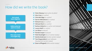 How did we write the book?
....
Agile Evolved
WWW.RADTAC.CO.UK
Peter Measey (lead author & editor)
Alex Gray (co-author)
Chris Berridge (co-author)
Darren Wilmshurst (co-author)
Richard Levy (co-author)
Michael Short (co-author)
Barbara Roberts (co-author and reviewer)
Lazaro Wolf (co-author)
Les Oliver (reviewer)
Randal Cooper (reviewer)
Matt Roadnight (Scrum section review)
David J Anderson (Kanban section review)
Tom Poppendieck (Lean Software
Development section review)
Dean Lefﬁngwell (SAFe section review)
Get a great
team together
Deﬁne what we
want to create
Plan and create
in an Agile way
 