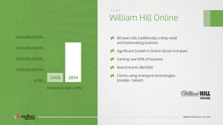 Agile Evolved
William Hill Online
WWW.RADTAC.CO.UK
80 years old, traditionally a shop retail
and bookmaking business
Signiﬁcant Growth in Online Sector in 6 years
Gaming now 50% of business
New Entrants (Bet365)
Clients using emergent technologies
(mobile / tablet)
£600,000,000.00
£450,000,000.00
£300,000,000.00
£150,000,000.00
£0.00
Revenue (CAGR = 26%)
....
2008 2014
 