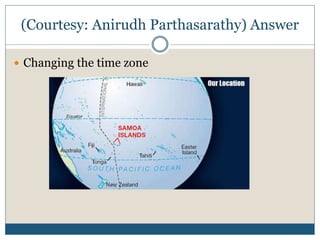 (Courtesy: Anirudh Parthasarathy) Answer
 Changing the time zone
 
