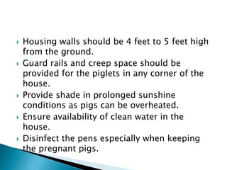  Housing walls should be 4 feet to 5 feet high
from the ground.
 Guard rails and creep space should be
provided for the piglets in any corner of the
house.
 Provide shade in prolonged sunshine
conditions as pigs can be overheated.
 Ensure availability of clean water in the
house.
 Disinfect the pens especially when keeping
the pregnant pigs.
 