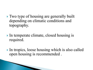  Two type of housing are generally built
depending on climatic conditions and
topography.
 In temperate climate, closed housing is
required.
 In tropics, loose housing which is also called
open housing is recommended .
 