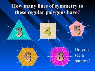 How many lines of symmetry to
 these regular polygons have?




                         Do you
                         see a
                         pattern?
 