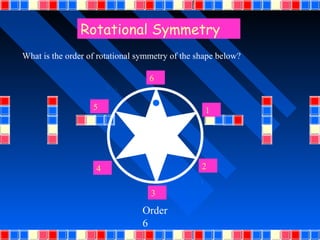 Rotational Symmetry
What is the order of rotational symmetry of the shape below?

                                  6


                   5                              1




                    4                            2


                                   3
                                 Order
                                 6
 