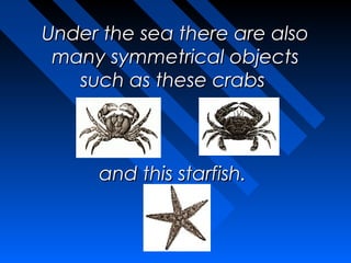 Under the sea there are also
 many symmetrical objects
   such as these crabs



     and this starfish.
 