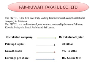 PAK-KUWAIT TAKAFUL CO. LTD
The PKTCL is the first ever truly leading Islamic Shariah compliant takaful
company in Pakistan.
The PKTCL is a multinational joint venture partnership between Pakistan,
Kuwait, Malaysia, Saudi Arabia and Sri Lanka.
Re-Takaful company: Re Takaful of Qatar
Paid up Capital: 40 billion
Growth Rate: 8% in 2013
Earnings per share: Rs. 2.04 in 2013
 