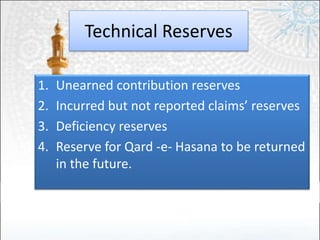 Technical Reserves
1. Unearned contribution reserves
2. Incurred but not reported claims’ reserves
3. Deficiency reserves
4. Reserve for Qard -e- Hasana to be returned
in the future.
 