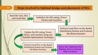 107
Read the Line, Bus
and Load data Initialize the DG rating, Power
Factor and Location
Perform Load Flow on the Radial
Distribution System and Evaluate
the fitness function
Update the DG rating, Power
Factor, and Location using any
Suitable Optimization Technique
Perform Load Flow on the Radial
Distribution System and Evaluate
the fitness function
Store the Optimal DG
Rating, Power Factor
and Location
Steps involved in Optimal design and placement of DGs
 