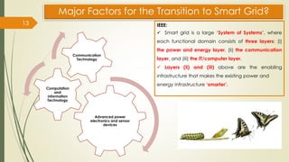 Major Factors for the Transition to Smart Grid?
Advanced power
electronics and sensor
devices
Computation
and
Information
Technology
Communication
Technology
13 IEEE:
✓ Smart grid is a large ‘System of Systems’, where
each functional domain consists of three layers: (i)
the power and energy layer, (ii) the communication
layer, and (iii) the IT/computer layer.
✓ Layers (ii) and (iii) above are the enabling
infrastructure that makes the existing power and
energy infrastructure ‘smarter’.
 