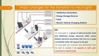 Major changes for the transition to micro-grid
17
✓Distribution Generation
✓Energy Storage Devices
✓Load
✓Electric Vehicle Charging Stations
IEEE
✓A micro-grid is a group of interconnected loads
and distributed energy resources within clearly
defined electrical boundaries that acts as a single
controllable entity with respect to the grid
✓A micro-grid can connect and disconnect from
the grid to enable it to operate in both grid-
connected or island mode.
 