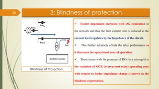 3: Blindness of protection
26
✓ Feeder impedance increases with DG connection to
the network and thus the fault current limit is reduced as the
current level regulates by the impedance of the circuit.
✓ This further adversely affects the relay performance as
it decreases the operational zone of operation.
✓ These issues with the presence of DGs in a microgrid to
the variation of OCR (overcurrent relay) operating zone
with respect to feeder impedance change is known as the
blindness of protection.
Blindness of Protection
 