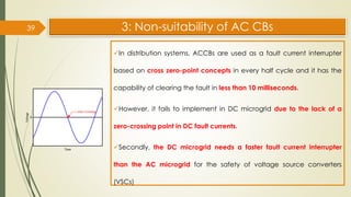 3: Non-suitability of AC CBs
✓In distribution systems, ACCBs are used as a fault current interrupter
based on cross zero-point concepts in every half cycle and it has the
capability of clearing the fault in less than 10 milliseconds.
✓However, it fails to implement in DC microgrid due to the lack of a
zero-crossing point in DC fault currents.
✓Secondly, the DC microgrid needs a faster fault current interrupter
than the AC microgrid for the safety of voltage source converters
(VSCs)
39
 