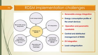 RDSM implementation challenges
 Renewable energy integration
 Energy consumption profile of
the smart devices
 Operation and parametric
constraints
 Central and distributed
management of RDMS
 EV Integration
 Load categorization
78
 