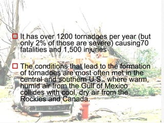 It has over 1200 tornadoes per year (but only 2% of those are severe) causing70 fatalities and 1,500 injuries The conditions that lead to the formation of tornadoes are most often met in the central and southern U.S., where warm, humid air from the Gulf of Mexico collides with cool, dry air from the Rockies and Canada.  