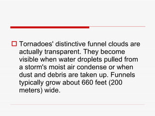 Tornadoes' distinctive funnel clouds are actually transparent. They become visible when water droplets pulled from a storm's moist air condense or when dust and debris are taken up. Funnels typically grow about 660 feet (200 meters) wide. 