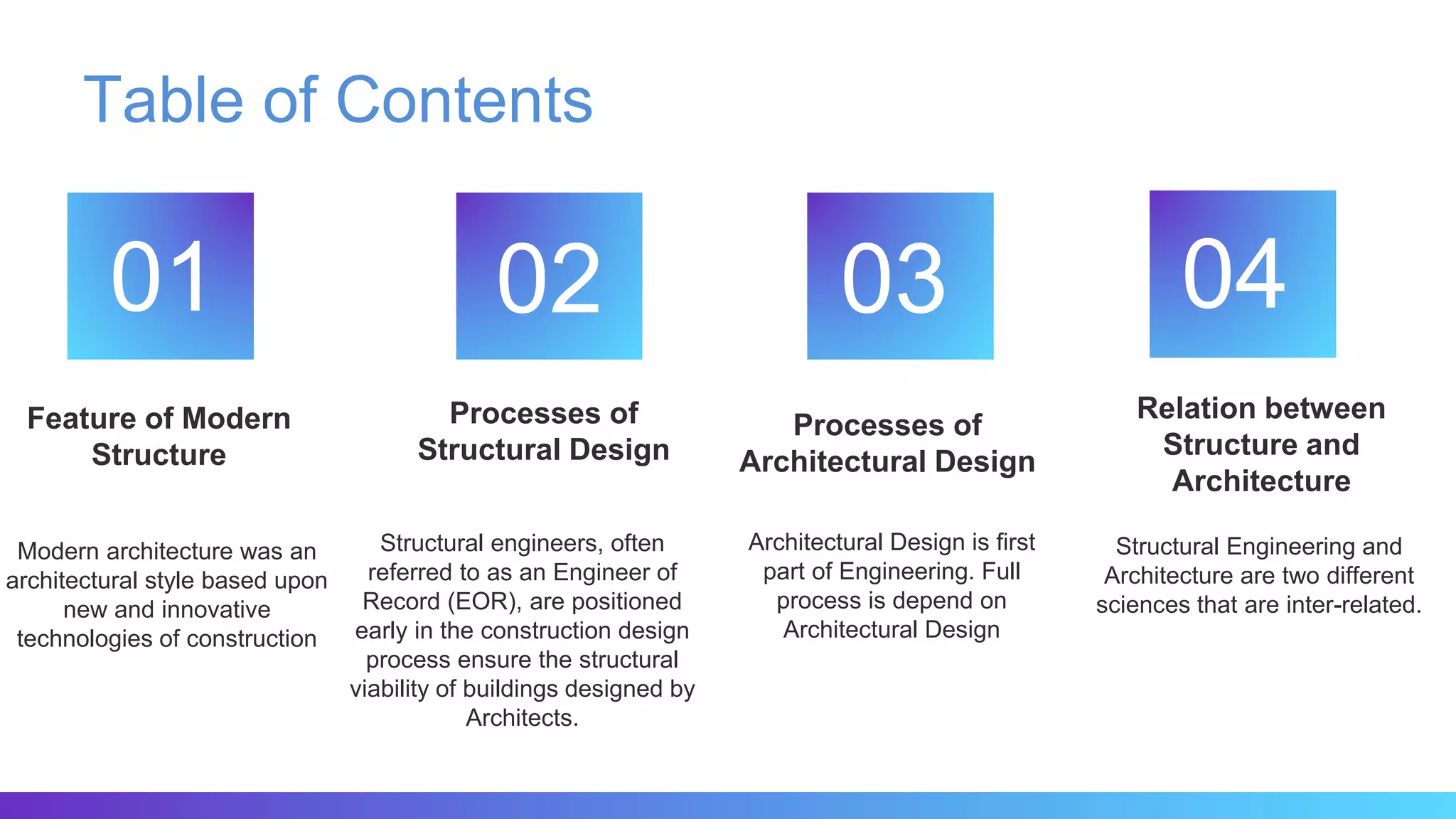 Table of Contents
01
Relation between
Structure and
Architecture
Structural Engineering and
Architecture are two different
sciences that are inter-related.
Feature of Modern
Structure
Modern architecture was an
architectural style based upon
new and innovative
technologies of construction
04
Processes of
Structural Design
Structural engineers, often
referred to as an Engineer of
Record (EOR), are positioned
early in the construction design
process ensure the structural
viability of buildings designed by
Architects.
03
Processes of
Architectural Design
Architectural Design is first
part of Engineering. Full
process is depend on
Architectural Design
02
 