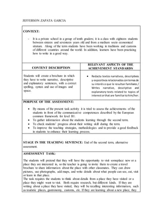 JEFFERSON ZAPATA GARCIA
CONTEXT:
- It is a private school in a group of tenth graders; it is a class with eighteen students
between sixteen and seventeen years old and from a medium socio economical
stratum. Along of the term students have been working in traditions and customs
of different countries around the world. In addition, learners have been practicing
how to write in a good way.
CONTENT DESCRIPTION
RELEVANT ASPECTS OF THE
ACHIEVEMENT STANDARDS
Students will create a brochure in which
they have to write narrative, descriptive
and explanatory sentences, with a correct
spelling, syntax and use of images and
space.
 Redacta textos narrativos, descriptivos
y expositivosrelacionadoscontemasde
su interés o que le resultan familiares /
Writes narrative, descriptive and
explanatory texts related to topics of
interestorthat are familiartohim/her.
PORPUSE OF THE ASSESSMENT:
 By means of the present task activity it is tried to assess the achievements of the
students in front of the communicative competences described by the European
common framework for level B1.
 To gather information about the students learning through the second term.
 To check students’ progress about their writing skill during the term.
 To improve the teaching strategies, methodologies and to provide a good feedback
in students to enhance their learning process.
STAGE IN THE TEACHING SENTENCE: End of the second term, alternative
assessment.
ASSESSMENT TASK:
The students will pretend that they will have the opportunity to visit someplace new or a
place they are interested in, so the teacher is going to invite them to create a travel
brochure to share information about the place with other classmates. They can draw
pictures, use photographs, add maps, and write details about what people can see, eat, visit
or learn in that place.
The task requires the students to think about details from a place they have visited or a
place they might want to visit. Both require research, but different kinds. If they are
writing about a place they have visited, they will be recalling interesting information, such
as touristic places, gastronomy, customs, etc. If they are learning about a new place, they
 