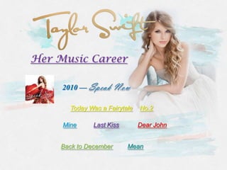 Her Music Career

     2010 —

       Today Was a Fairytale   No.2

     Mine      Last Kiss       Dear John


     Back to December      Mean
 