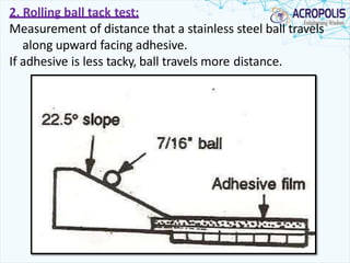 2. Rolling ball tack test:
Measurement of distance that a stainless steel ball travels
along upward facing adhesive.
If adhesive is less tacky, ball travels more distance.
 
