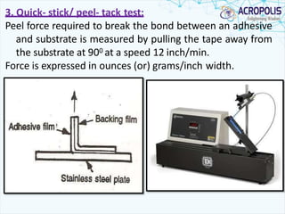 3. Quick- stick/ peel- tack test:
Peel force required to break the bond between an adhesive
and substrate is measured by pulling the tape away from
the substrate at 900 at a speed 12 inch/min.
Force is expressed in ounces (or) grams/inch width.
 