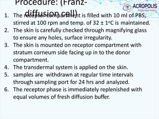 Procedure: (Franz-
diffusion cell)1. The receptor compartment is filled with 10 ml of PBS,
stirred at 100 rpm and temp. of 32 ± 1oC is maintained.
2. The skin is carefully checked through magnifying glass
to ensure any holes, surface irregularity.
3. The skin is mounted on receptor compartment with
stratum corneum side facing up in to the donor
compartment.
4. The transdermal system is applied on the skin.
5. samples are withdrawn at regular time intervals
through sampling port for 24 hrs and analyzed.
6. The receptor phase is immediately replenished with
equal volumes of fresh diffusion buffer.
 