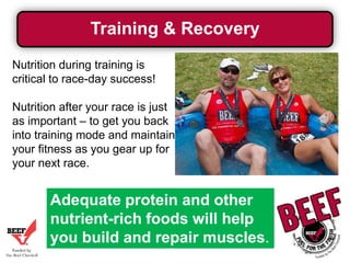 Training & Recovery
Nutrition during training is
critical to race-day success!
Nutrition after your race is just
as important – to get you back
into training mode and maintain
your fitness as you gear up for
your next race.

Adequate protein and other
nutrient-rich foods will help
you build and repair muscles.

 