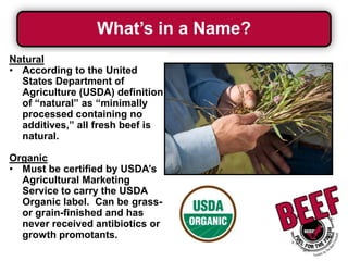 What’s in a Name?
Natural
• According to the United
States Department of
Agriculture (USDA) definition
of “natural” as “minimally
processed containing no
additives,” all fresh beef is
natural.
Organic
• Must be certified by USDA’s
Agricultural Marketing
Service to carry the USDA
Organic label. Can be grassor grain-finished and has
never received antibiotics or
growth promotants.

 