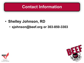 Contact Information
• Shelley Johnson, RD
• sjohnson@beef.org or 303-850-3303

 