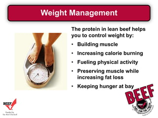 Weight Management
The protein in lean beef helps
you to control weight by:

• Building muscle
• Increasing calorie burning
• Fueling physical activity

• Preserving muscle while
increasing fat loss
• Keeping hunger at bay

 
