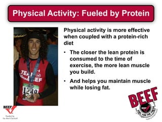 Physical Activity: Fueled by Protein
Physical activity is more effective
when coupled with a protein-rich
diet
• The closer the lean protein is
consumed to the time of
exercise, the more lean muscle
you build.
• And helps you maintain muscle
while losing fat.

 