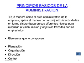 PRINCIPIOS BÁSICOS DE LA
ADMINISTRACION
Es la manera como el área administrativa de la
empresa, aplica el manejo de un conjunto de actividades
en forma sincronizada en sus diferentes niveles para
alcanzar la visión, misión y objetivos trazados por los
empresarios.
• Elementos que lo componen:
• Planeación
• Organización
• Dirección
• Control22/06/2016 3
 