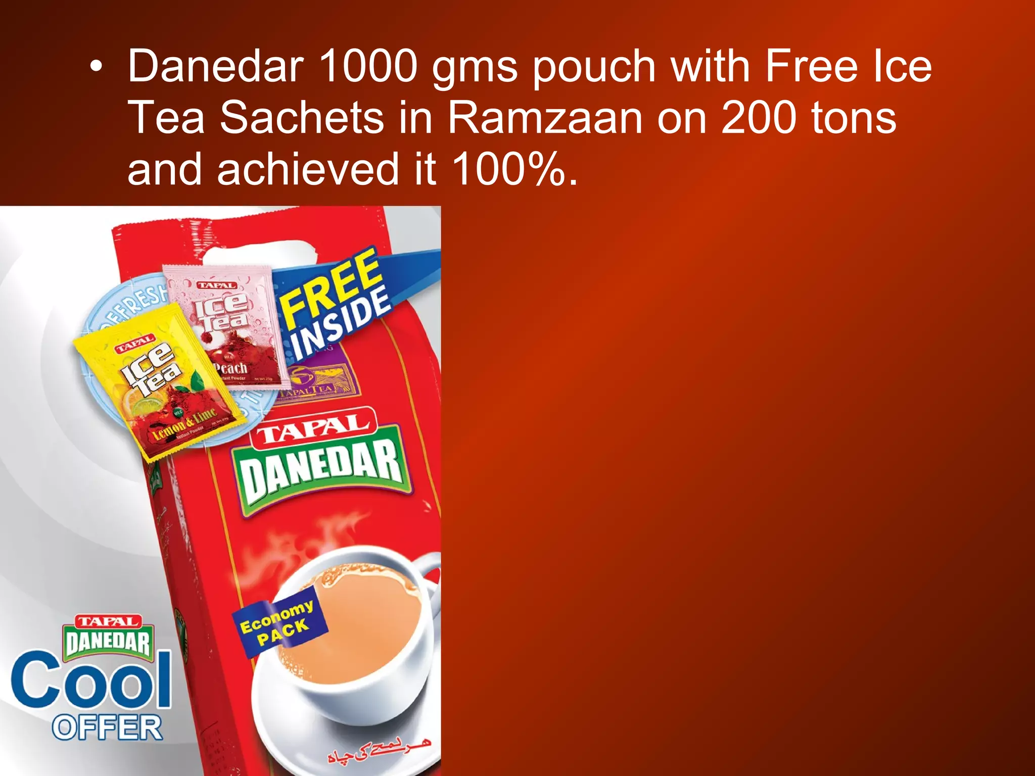 • Danedar 1000 gms pouch with Free Ice
Tea Sachets in Ramzaan on 200 tons
and achieved it 100%.
 