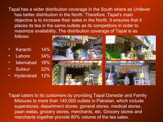 Tapal has a wider distribution coverage in the South where as Unilever
has better distribution in the North. Therefore, Tapal’s main
objective is to increase their sales in the North. It ensures that it
places its tea in the same outlets as its competitors in order to
maximize availability. The distribution coverage of Tapal is as
follows:
• Karachi 14%
• Lahore 34%
• Islamabad 18%
• Sukkur 22%
• Hyderabad 12%
Tapal caters to its customers by providing Tapal Danedar and Family
Mistures to more than 140,000 outlets in Pakistan, which include
superstores, department stores, general stores, medical stores,
paan walas, grocery stores, merchants, etc. Grocery stores and
merchants together provide 80% volume of the tea sales.
 