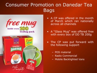Consumer Promotion on Danedar Tea
Bags
• A CP was offered in the month
of March which ran nationally
across all channels
• A “Glass Mug” was offered free
with every box of DD TB 200g
• The CP was put forward with
the following support
– POS material
– Radio Commercial
– Mobile Backlighted Vans
 